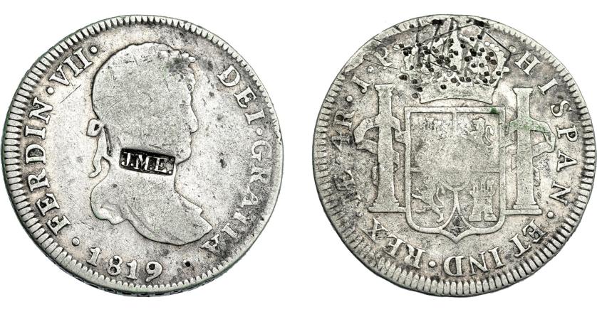 1081   -  COLECCIÓN DE RESELLOS. Resello JME dentro de rectángulo sobre 4 reales 1819 Lima JP. Punzones y rayas en rev. BC+. 