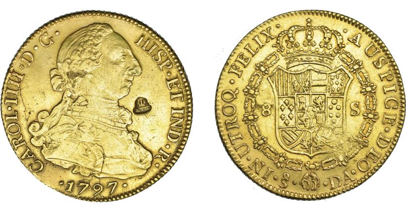 1082   -  COLECCIÓN DE RESELLOS. Resello AVT coronadas sobre 8 escudos 1797 Santiago DA. Hojitas. MBC/MBC+.