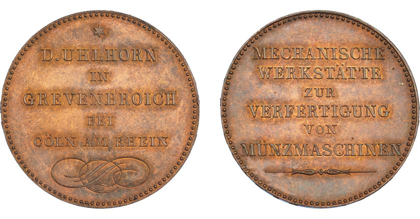 1086   -  MONEDAS EXTRANJERAS. ESTADOS ALEMANES. KÖLN. Token-anuncio del fabricante. Uhlhorn Grevenbroich. En el canto DIEU PROTEGE LA PATRIE. 1846. AR 37 mm. R.B.O. SC.