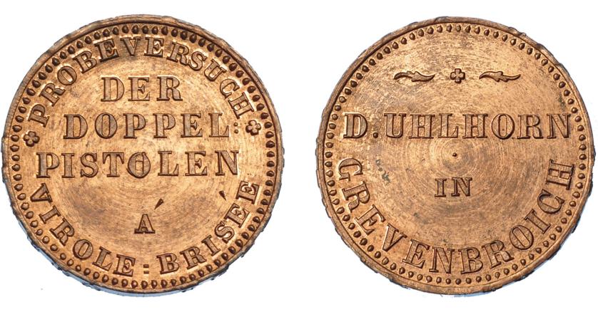 1087   -  MONEDAS EXTRANJERAS. ESTADOS ALEMANES. KÖLN. Prueba en cobre de Doppelpistole.Uhlhorn Grevenbroich. En el campo ASPERA TERRENT 1848. AE 7,43 g. B.O. SC. Rara.