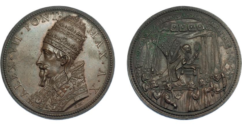 1108   -  MONEDAS EXTRANJERAS. ESTADOS PAPALES. Alejandro VII. Medalla. Año 10 (1664). Acuñación del s. XIX. Procesión del Corpus Christi. Grabador G. Morone. AE 42 mm. Lincoln-1223. EBC+.