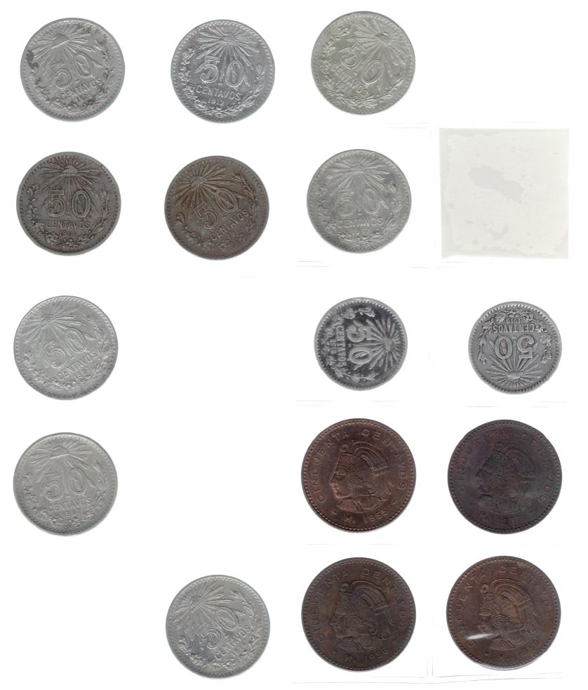 1116   -  MONEDAS EXTRANJERAS. MÉXICO. Colección de 50 centavos: 1905-1917 (9 piezas KM-445); 1918 y 1919 (KM-446); 1955-1959 (4 piezas KM-450); 1919-1945 (12 piezas KM-447), 1950 y 1951 (KM-449), 1964-1980 (14 piezas KM 451 y 452), 1 peso 1970-1981 (13 piezas KM-460), 5 pesos 1971-1978 (7 piezas KM-472), 1980 y 1981 (KM-485); 10 pesos 1974-1981 (KM-477); 20 pesos 1980 y 1981 (KM-486). Total 74 piezas. De MBC a SC.