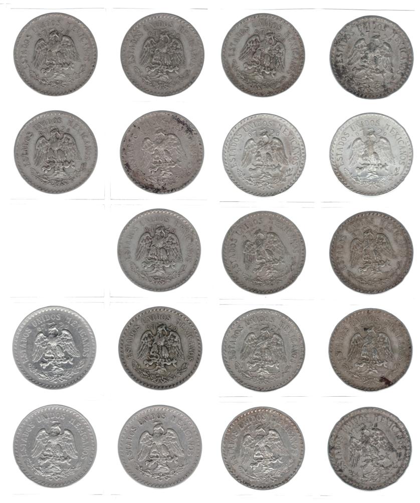 1117   -  MONEDAS EXTRANJERAS. MÉXICO. Colección de monedas de 1 peso 1918 a 1945. KM-454 y 455. Total 19 piezas diferentes. De MBC a EBC.