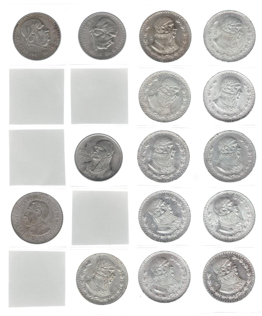 1118   -  MONEDAS EXTRANJERAS. MÉXICO. Colección de monedas de 1 peso: 1947 y 1948 (KM-456), 1950 (KM-457), 1957 (KM-458) y 1957 a 1967, 11 piezas diferentes (KM-459). Total 15 piezas. EBC-/SC.