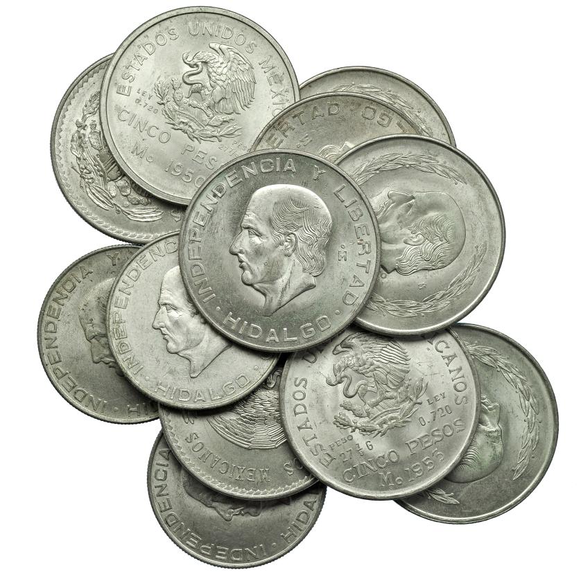1120   -  MONEDAS EXTRANJERAS. MÉXICO. Lote de 12 monedas de 5 pesos: 1947 y 1948 (KM-465), 1950 (KM-466), 1951, 1952, 1953, 1954 (KM-467), 1955 y 1956 (KM-474), 1955, 1956 y 1957 (KM-469). De EBC- a SC.