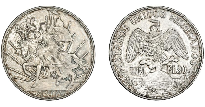 1128   -  MÉXICO. 1 peso. 1914. KM-453. Pátina gris. MBC+. Rara.