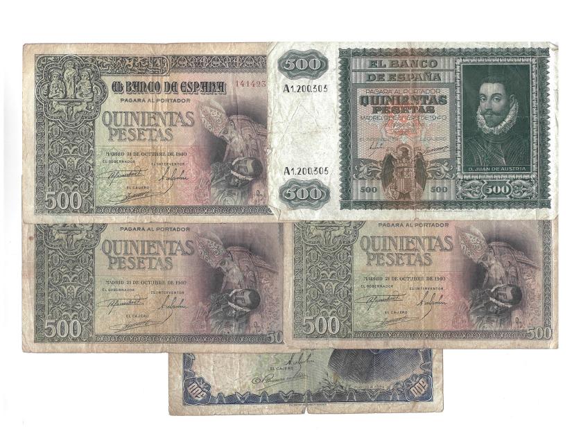 1142   -  BILLETES ESPAÑOLES. Lote de 5 billetes de 500 pts.: 10-1940 (3), 1-1940 y 2-1940. De BC+ a BC-.