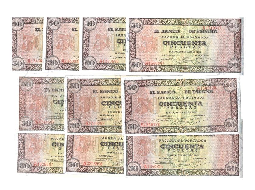 1144   -  BILLETES ESPAÑOLES. Lote de 10 billetes de 50 pts. 5-1938. Serie A con apresto. De SC (5) a EBC-.