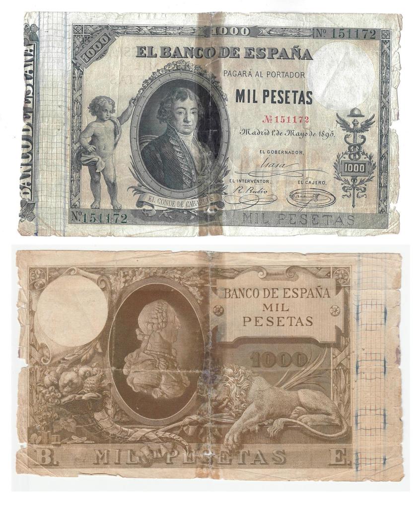 1145   -  BILLETES ESPAÑOLES. 1000 pts. 5-1895. ED-B87. Pequeñas roturas en bordes. Papel celo en el centro por rotura. Sin restaurar.BC-. Muy raro.