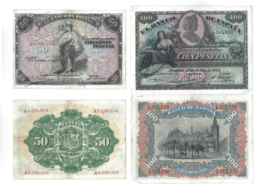 1146   -  BILLETES ESPAÑOLES. Lote de 2 billetes: 50 pts. 9-1906 y 100 pts. 7-1907. MBC-.