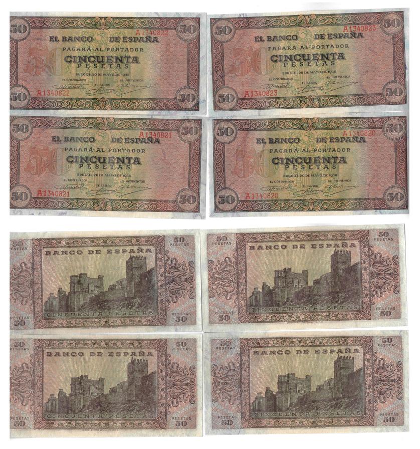 1147   -  BILLETES ESPAÑOLES. Lote de 4 billetes de 50 pts. 5-1938 serie A, correlativos con apresto. ED-D32. SC.