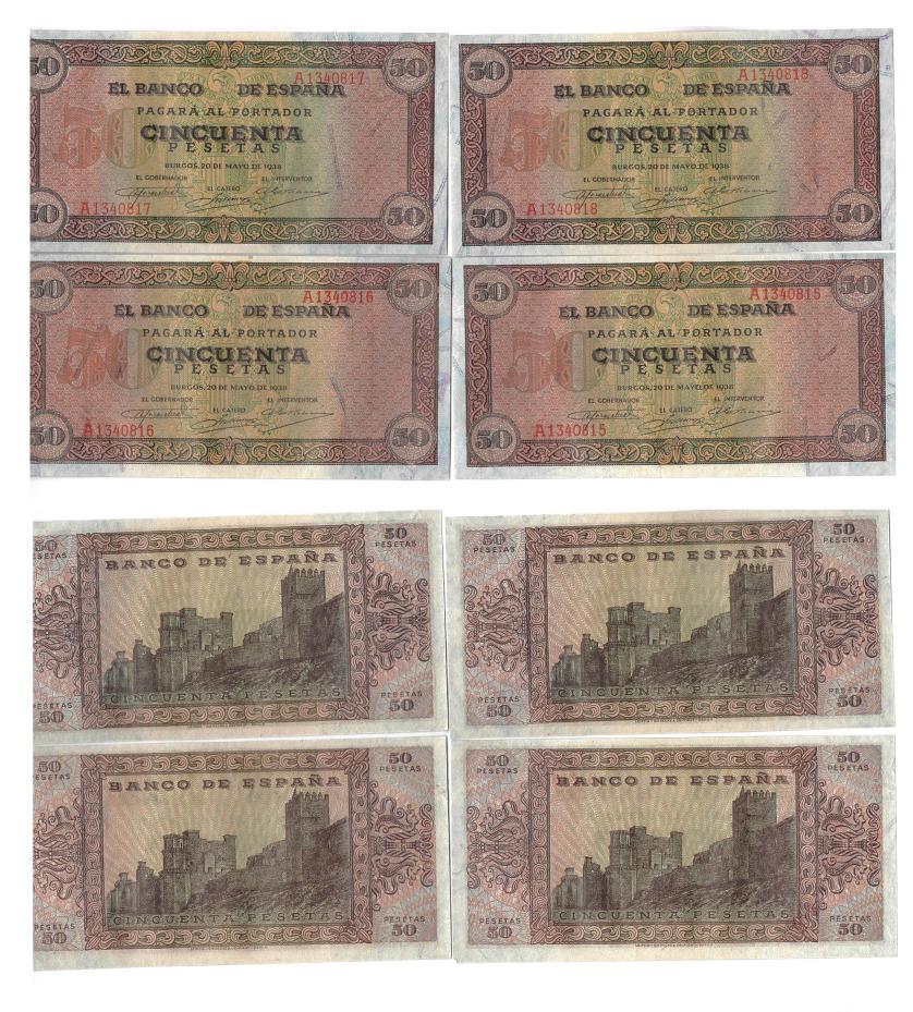 1148   -  BILLETES ESPAÑOLES. Lote de 4 billetes de 50 pts. 5-1938 serie A, correlativos con apresto. ED-D32. SC.