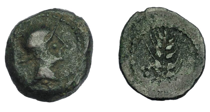 227   -  HISPANIA ANTIGUA. CARMO. Sextans. A/ Cabeza con casco a der. R/ Espiga, a izq. tres glóbulos. AE 3,79 g. 19,3 mm. I-472. ACIP-2385. Pátina oscura. MBC-/BC+. Muy rara.