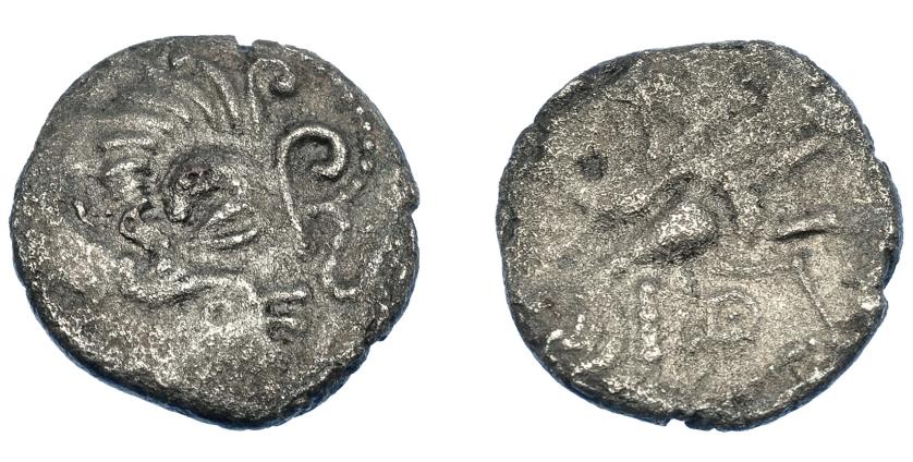 300   -  GRECIA ANTIGUA. GALIA. Coriosolites. Estátera de vellón (c. siglo I a.C.). A/ Cabeza a der. R/ Caballo con cabeza humana a der. VE 5,30 g. 21,2 mm. De la Tour 6684. Gruel & Morin 633. Superficies erosionadas. MBC-/BC+. Ex col. Guadán 1250.