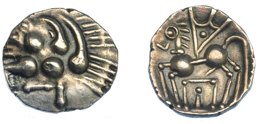 302   -  GRECIA ANTIGUA. GALIA. Elusates. Dracma (100-50 a.C.). A/ Cabeza a der. R/ Caballo avanzando a izq., encima elemento triangular y debajo cuadrado. AR 3,05 g. 17,1 mm. Depeyrot, NC II, 298. F&P ELU-3587. CCCBM II 111-26. MBC+. Ex col. Guadán 1257.