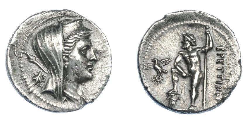 340   -  GRECIA ANTIGUA. BRUTTIUM. Liga de los brucios. Dracma (217-214 a.C.). A/ Busto laureado, drapeado y con polos de Hera Lacinia a der., detrás mosca. R/ Zeus a izq. con cetro y apoyando pie sobre columna jónica, a  izq. águila con guirnalda; ΒΡΕΤΤΙΩΝ. AR 4,14 g. 19,3 mm. COP-1615. SBG-515. Ligeramente abrillantada. MBC+. Escasa. Ex col. Guadán 1466.