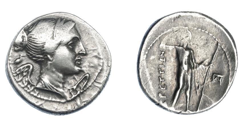 341   -  GRECIA ANTIGUA. BRUTTIUM. Liga de los brucios. Dracma (216-214 a.C.).  A/ Busto diademado y drapeado de Nike a der.; detrás pájaro a der. R/ Dios del río de frente coronándose y con cetro, a der. monograma. AR 4,57 g. 19,6 mm. COP-1622 vte. (pájaro). HN ITALIA-1963. Leves vanos. MBC. Ex col. Guadán 1465.