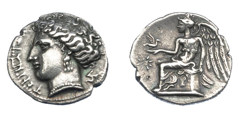 348   -  GRECIA ANTIGUA. BRUTTIUM. Terina. 1/3 nomos (c. 300 a.C.). A/ Cabeza de la ninfa Terina a izq., detrás trisqueles. R/ Nike sentada a izq. con pájaro, debajo estrella. AR 2,40 g. 16,1 mm. COP-2030. SBG-510. BMC-1,46. Ligeramente abrillantada. MBC+. Ex col. Guadán 1541.