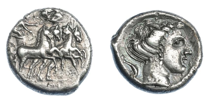 352   -  GRECIA ANTIGUA. SICILIA. Lilibea. Tetradracma (330-305 a.C.). A/ Auriga en cuadriga a der., encima Nike coronándola; en exergo ley. púnica. R/ Cabeza de Koré-Perséfone a der., alrededor delfines. AR 16,70 g. 25,7 mm. COP-no. BMC-20. SBG-775. Pequeñas erosiones. MBC. Rara. Ex col. Guadán 1726.