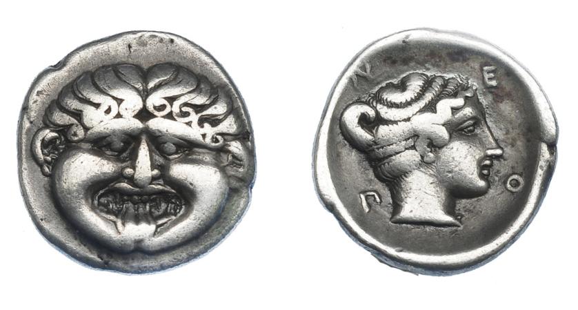 374   -  GRECIA ANTIGUA. MACEDONIA. Neapolis. Hemidracma (424-350 a.C.). A/ Gorgona sacando la lengua. R/ Cabeza de ninfa Neápolis a der.; N-E-O-Π. AR 1,81 g. 14,1 mm. COP-228. SBG-1417. BMC-5,17. MBC. Ex col. Guadán 1827.