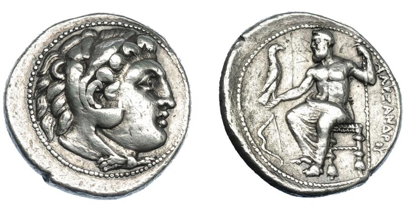 379   -  GRECIA ANTIGUA. MACEDONIA. Alejandro III. Salamis. Tetradracma (332-323 a.C.). A/ Cabeza de Alejandro con leonté a der. R/ Zeus entronizado a izq. sosteniendo águila y cetro, delante arco; ΑΛΕΞΑΝΔΡΟΥ. AR 17,18 g. 26,7 mm. PRC-3139. SBG-6718. MBC+/MBC. Ex col. Guadán 1768.