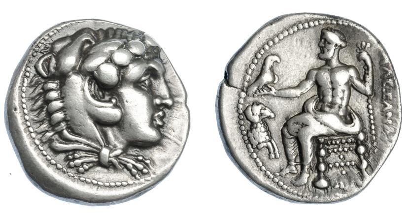 380   -  GRECIA ATIGUA. MACEDONIA. Alejandro III. Damasco. Tetradracma (330-320 a.C.). A/ Cabeza de Alejandro con leonté a der. R/ Zeus entronizado a izq. sosteniendo águila y cetro, delante prótomo de cabra a der.; ΑΛΕΞΑΝΔΡΟΥ. AR 17,06 g. 25,9 mm. PRC-3203. SBG-6718. MBC+/MBC. Ex col. Guadán 1763.