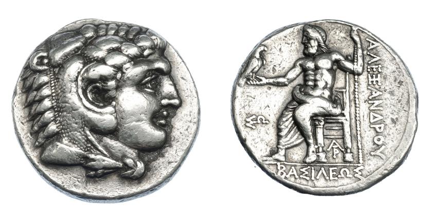 381   -  GRECIA ANTIGUA. MACEDONIA. A nombre de Alejandro III. Arados. Menes o Laomedon. Tetradracma (324-320 a.C.). A/ Cabeza de Alejandro con leonté a der. R/ Zeus entronizado a izq. sosteniendo águila y cetro; delante ΣΩ, monograma bajo el trono; ΒΑΣΙΛΕΩΣ ΑΛΕΞΑΝΔΡΟΥ. AR 17,11 g. 25,3 mm. PRC-3321. SBG-6718. MBC. Ex col. Guadán 1770.