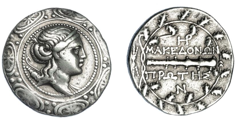 385   -  GRECIA ANTIGUA. MACEDONIA. Anfípolis. Tetradracma (158-150 a.C.). A/ Busto de Artemisa a der. con arco y carcaj, dentro de escudo macedonio. R/ Clava con monogramas encima y debajo.; MAKEDONWN PRWTHS. AR 17,50 g. 31,3 mm. COP-1310. SBG-1386 vte. MBC. Ex col. Guadán 1816.