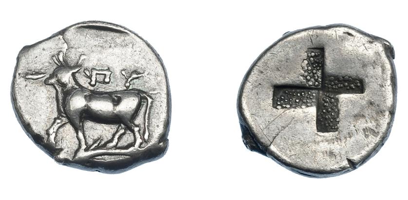 388   -  GRECIA ANTIGUA. TRACIA. Byzantion (416-357 a.C.). 1/2 siclo. A/ Toro a izq. sobre delfín. R/ Cuadrado incuso cuatripartito. AR 2,70 g. 13,4 mm. COP-479. SBG-1582. Fina grieta. MBC. Ex col. Guadán 1869.