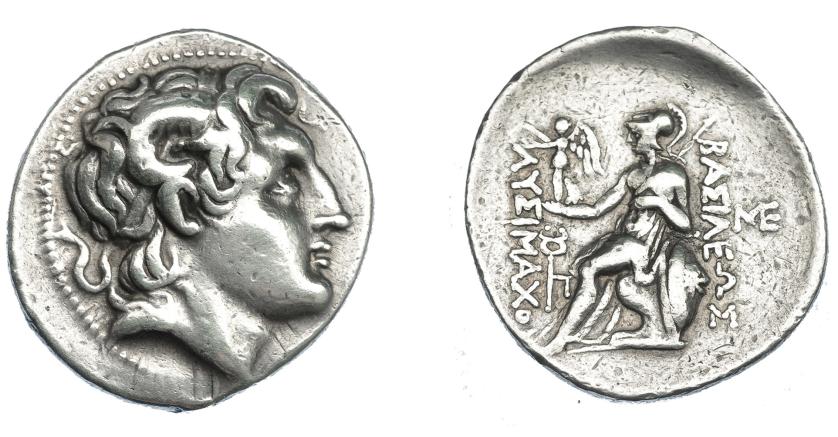 393   -  GRECIA ANTIGUA. TRACIA. Lisímaco. Tetradracma (288-281 a.C.). Anfípolis. A/ Cabeza de Alejandro III, diademada, con el cuerno de Amón y deificada a der. R/ Atenea sentada a izq., delante caduceo y monograma; a la der monograma; BAΣΙΛΕΩΣ ΛYΣIMAXOY. AR 16,99 g. 32,9 mm. COP-1114 vte. SBG-6815. MBC/MBC-. Ex col. Guadán 1864.