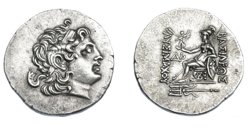 394   -  GRECIA ANTIGUA. TRACIA. Lisímaco. Tetradracma (siglo II-I a.C.). Byzantion. A/ Cabeza de Alejandro III, diademada, con el cuerno de Amón y deificada a der. R/ Atenea sentada a izq., sosteniendo Nike que corona el nombre del rey y apoyada sobre escudo con cabeza de león; a la izq. monograma ΔP, bajo el trono BY y en exergo tridente; ΒΑΣΙΛΕΩΣ -ΛΥΣΙΜΑΧΟΥ. AR 17,30 mm. 32,51 mm. COP-1141. SBG-6814. MBC+. Ex col. Guadán 1871. 