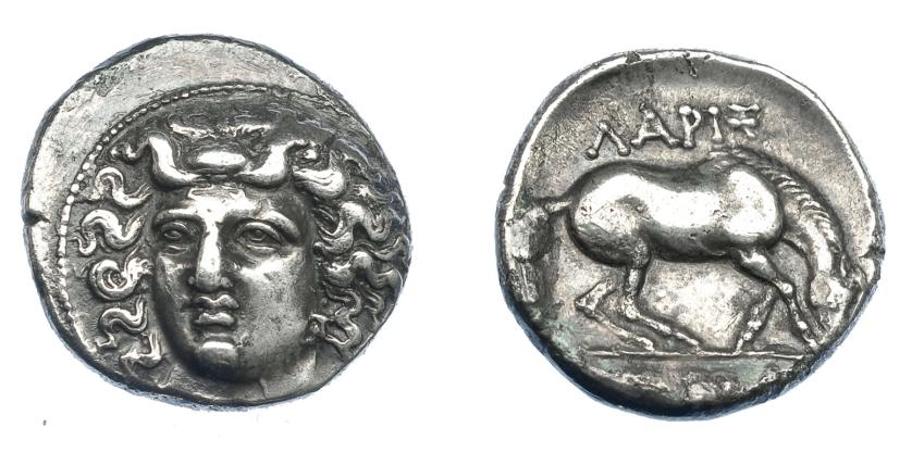 396   -  GRECIA ANTIGUA. TESALIA. Larissa. Dracma (395-344 a.C.). A/ Cabeza de Larissa de frente a izq. R/ Caballo paciendo a der.; encima ΛAPIΣ. AR 6,30 g. 19,3 mm. COP-120. SBG-2124. Concreción en rev. Ligeramente abrillantada. MBC+. Ex col. Guadán 1947.