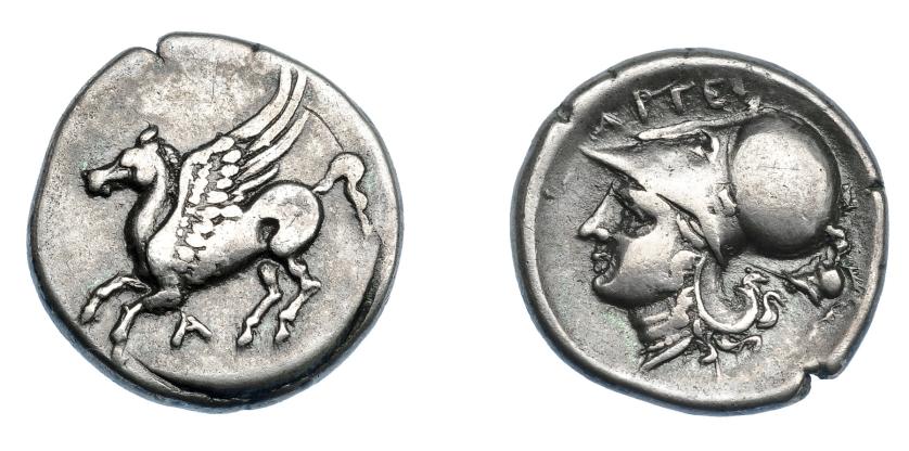 398   -  GRECIA ANTIGUA. ACARNANIA. Argos. Estátera (350-250 a.C.). A/ Pegaso a izq., debajo A. R/ Cabeza de Atenea a izq., detrás casco; encima ΑΡΓΕΙ. AR 7,82 g. 22,1 mm. COP-309. SBG-2258. MBC. Escasa. Ex col. Guadán 2008.