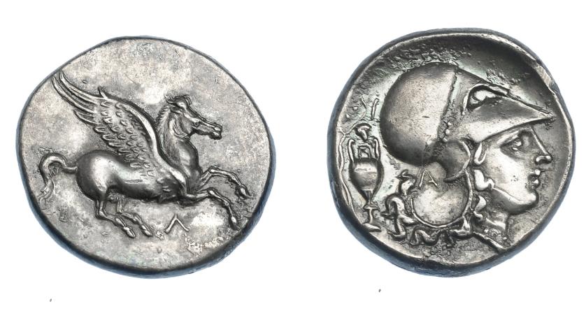 399   -  GRECIA ANTIGUA. ACARNANIA. Leucas. Estátera (320-280 a.C.). A/ Pegaso volando a der; Λ debajo. R/ Cabeza de Atenea con casco corintio a der., a izq. ánfora.; A en la nuca. AR 8,37 g. 20,9 mm. COP-355. SBG-2281. EBC. Muy escasa en esta conservación. Ex col. Guadán 2011.