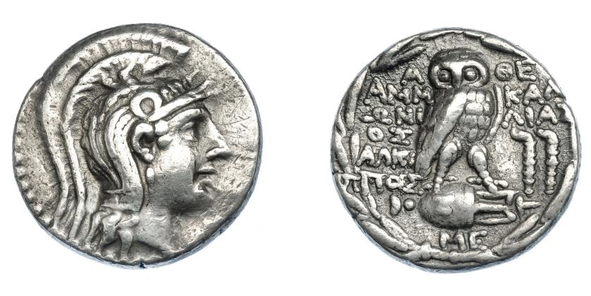 403   -  GRECIA ANTIGUA. ÁTICA. Atenas. Tetradracma de nuevo estilo (150-149 a.C.). A/ Atenea con casco a der. R/ Dentro de corona de laurel lechuza de frente sobre ánfora con letra Z, debajo ME; a der. dos antorchas. AR 16,90 g. 27 mm. COP-152 vte. SBG-2559. MBC. Ex col. Guadán 2056.