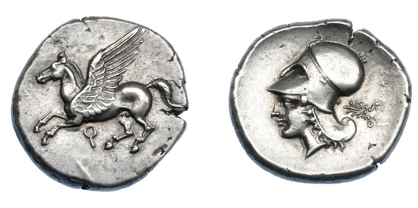 406   -  GRECIA ANTIGUA. CORINTIA. Corinto. Estátera (400-375 a.C.). A/ Pegaso a izq., debajo q. R/ Cabeza de Atenea a izq., detrás palma. AR 8,55 g. 23,1 mm. COP-no. SBG-2626 vte. Pegassi-104. Ligeramente abrillantada. EBC-. Ex col. Guadán 2089.