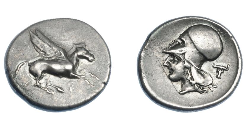 407   -  GRECIA ANTIGUA. CORINTIA. Corinto. Estátera (400-375 a.C.). A/ Pegaso a der., debajo q. R/ Cabeza de Atenea a izq., detrás cabeza de toro. AR 8,60 g. 22,7 mm. COP-32 vte. (cabeza a der.). SBG-2629 vte. Fina raya en anv. y leve erosión. MBC+. Ex col. Guadán 2090.