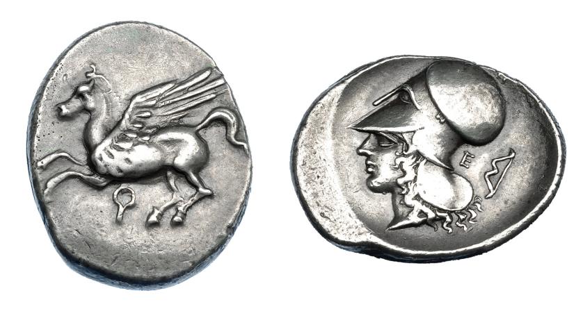 409   -  GRECIA ANTIGUA. CORINTIA. Corinto. Estátera (345-307 a.C.). A/ Pegaso a izq., debajo q. R/ Cabeza de Atenea a izq., detrás arco y letra E. AR 8,47 g. 23,6 mm. COP-103. SBG-2630 vte. MBC+/MBC. Ex col. Guadán 2091.