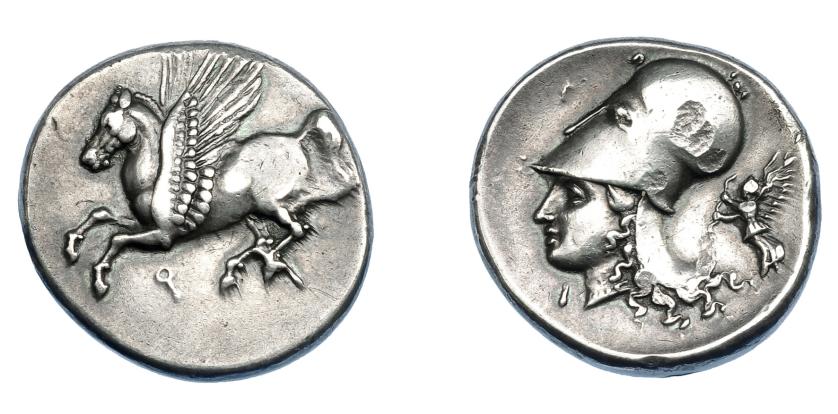 410   -  GRECIA ANTIGUA. CORINTIA. Corinto. Estátera (345-307 a.C.). A/ Pegaso a izq., debajo q. R/ Cabeza de Atenea a izq., detrás Nike. AR 8,54 g. 20,8 mm. COP-110. SBG-2630. golpes en anv. EBC-. Ex col. Guadán 2096.