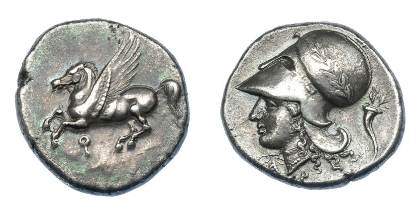 411   -  GRECIA ANTIGUA. CORINTIA. Corinto. Estátera (345-307 a.C.). A/ Pegaso a izq., debajo q. R/ Cabeza de Atenea a izq., detrás cornucopia. AR 8,40 g. 21,6 mm. COP-no. SBG-2630 vte. Pegassi-430. Pequeñas marcas. MBC+. Ex col. Guadán.