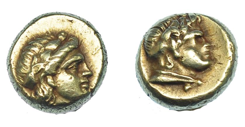 417   -  GRECIA ANTIGUA. LESBOS. Mytilene. Hekte (377-326 a.C.). A/ Cabeza de Dionisos a der. R/ Cabeza de sátiro a der. El 2,52 g. 10 mm. COP-no. SBG-4250. SNG von Aulock 1719. MBC+. Rara. Ex col. Guadán 2288. 