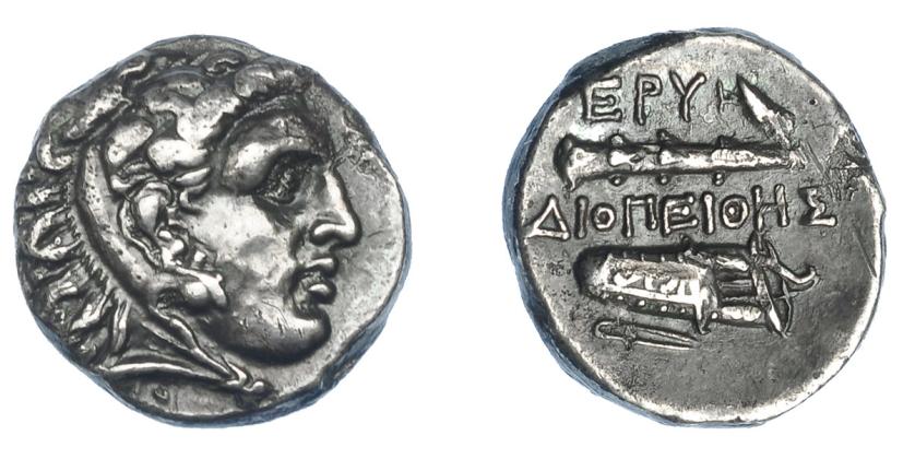 423   -  GRECIA ANTIGUA. JONIA. Erythrae. Dracma (325-315 a.C.). A/ Cabeza de Heracles a der. R/ Maza a izq. y carcaj a der.; EPY/ΔΙΟΠΕΙΘΗΣ (Diopeithes). AR 3,80 g. 14,15 mm. COP-584 vte. SBG-4424. Rayita y erosión en rev. MBC+. Ex col. Guadán 2311.