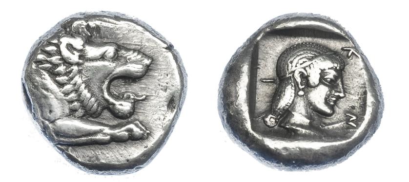 428   -  GRECIA ANTIGUA. CARIA. Cnido. Dracma (465-449 a.C.). A/ Prótomo de león a der. R/ Cabeza de Afrodita a der. dentro de cuadrado incuso; K – N – I. AR 6,20 g. 16,2 mm. COP-242. SBG-4834. MBC+/MBC. Rara en esta conservación. Ex col. Guadán 2368.