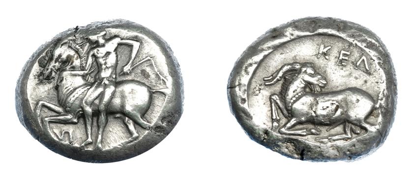 434   -  GRECIA ANTIGUA. CILICIA. Celenderis. Estátera (450-400 a.C.). A/ Jinete a izq. con látigo. R/ Cabra a izq. con cabeza vuelta; encima KEΛ. AR 10.85 g. 19,6 mm. COP-76 vte. SBG-5527 vte. Pequeñas marcas. MBC+. Escasa. Ex col. Guadán 2449. 