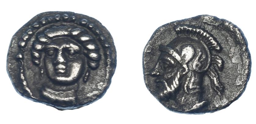 436   -  GRECIA ANTIGUA. CILICIA. Tarsos. Óbolo (379-372 a.C.). A/ Cabeza femenina de frente a izq. R/ Cabeza barbada masculina a izq. con casco ático; ('HLK') en arameo. AR 0,72 g. 9,9 mm. COP-273. SBG-5643. MBC+. Ex col. Guadán 2462.