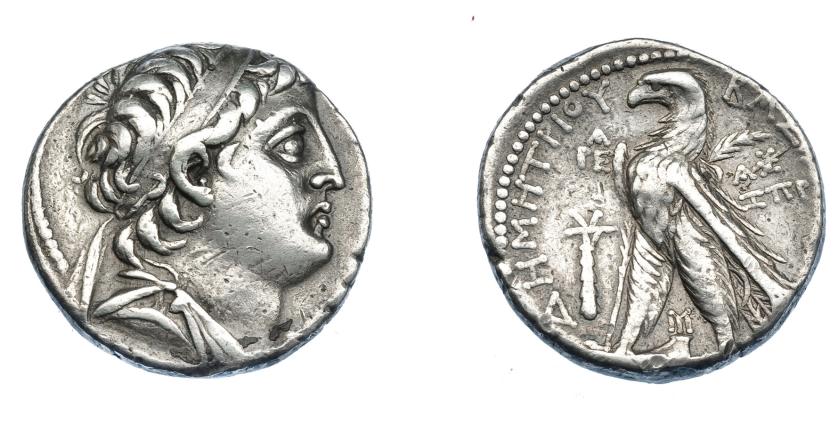 443   -  GRECIA ANTIGUA. REINO SELÉUCIDA. Demetrio II. Tetradracma (año 187 = 126-125 a.C.). Tiro. A/ Cabeza diademada a der. R/ Águila a izq. sobre proa, detrás palma; a la izq. maza surmontada por monograma, encima A/PE; a la der. monograma sobre fecha; entre las patas, monograma; ΒΑΣΙΛΕΩΣ ΔΗΜΗΤΡΙΟΥ. AR 14,11 g. 27,4 mm. COP-356. SBG-5919 vte. MBC/MBC-.  Ex col. Guadán 2551. 