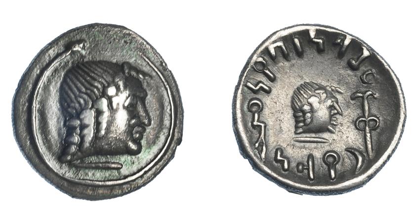 447   -  GRECIA ANTIGUA. ARABIA. Hemidracma (50-150 d.C.). A/ Cabeza masculina a der., alrededor serpiente. R/  Cabeza masculina a der. monograma delante. AR 4,60 g. 13,9 mm. SNG ANS-1575. MBC+. Ex col. Guadán 2659.