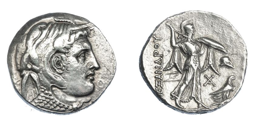 451   -  GRECIA ANTIGUA. EGIPTO. Reino Ptolemaico. Ptolomeo I. Tetradracma (323-305 a.C.). A nombre de Alejandro III.  A/ Cabeza de Alejandro III a der. con leonté. R/ Atenea avanzando a der. con lanza y escudo; delante monograma, casco y águila, detrás AΛEΞANΔΡOΥ. AR 15,65 g. 28,1 mm. COP-29. SBG-7750 vte. Grafito en rev. MBC+. Muy escasa. Ex col. Guadán 2709.