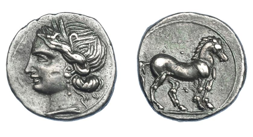 461   -  GRECIA ANTIGUA. ZEUGITANIA. Cartago. 1/4 de siclo (221-202 a.C.). A/ Cabeza de Tanit a der. R/ Caballo a der., punto entre las patas. AR 1,76 g. 14,2 mm. COP-337. SBG-6499. MBC+/EBC-. Ex col. Guadán 3015.