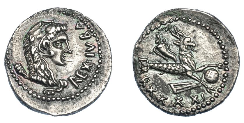 467   -  GRECIA ANTIGUA. MAURITANIA. Juba II. Denario (año 41 = 16-17 d.C.). Caesarea. A/ Cabeza a der. con leonté y clava; REX IVBA. R/ Capricornio a der. con globo, cornucopia y timón, debajo RXXXXI. AR 2,83 g. 18 mm. COP-587/588. MAA-164. EBC-. Muy rara en esta conservación. Ex col. Guadán 3055.